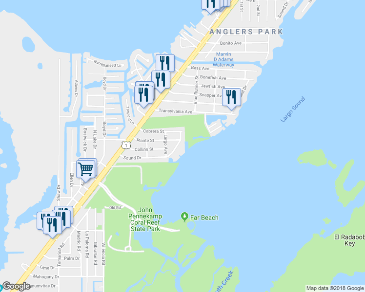 map of restaurants, bars, coffee shops, grocery stores, and more near 358 Sound Drive in Key Largo
