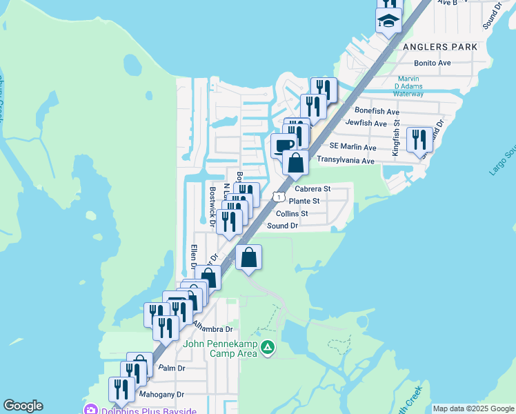 map of restaurants, bars, coffee shops, grocery stores, and more near 102920 Overseas Highway in Key Largo