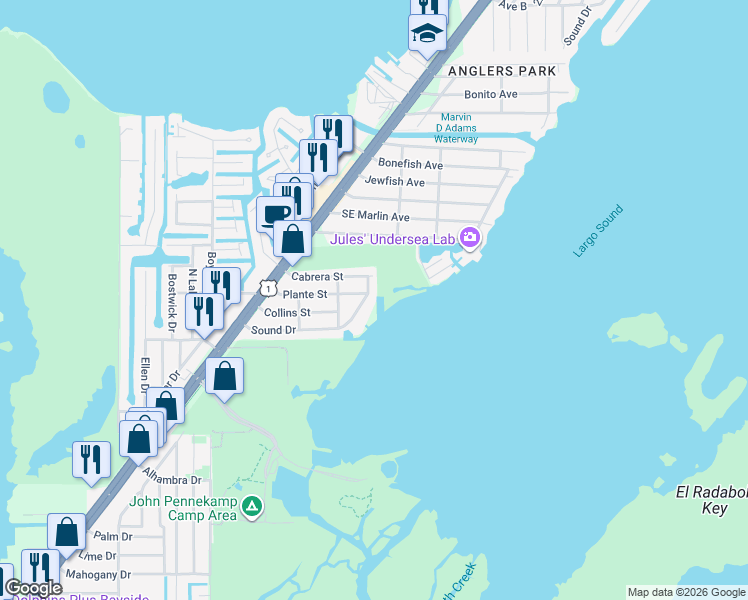 map of restaurants, bars, coffee shops, grocery stores, and more near 358 Sound Drive in Key Largo
