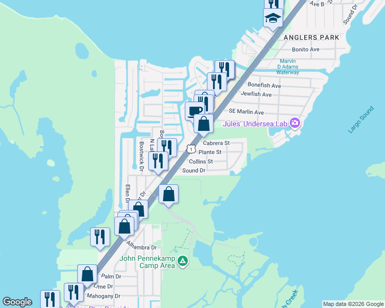 map of restaurants, bars, coffee shops, grocery stores, and more near 411 Collins Street in Key Largo