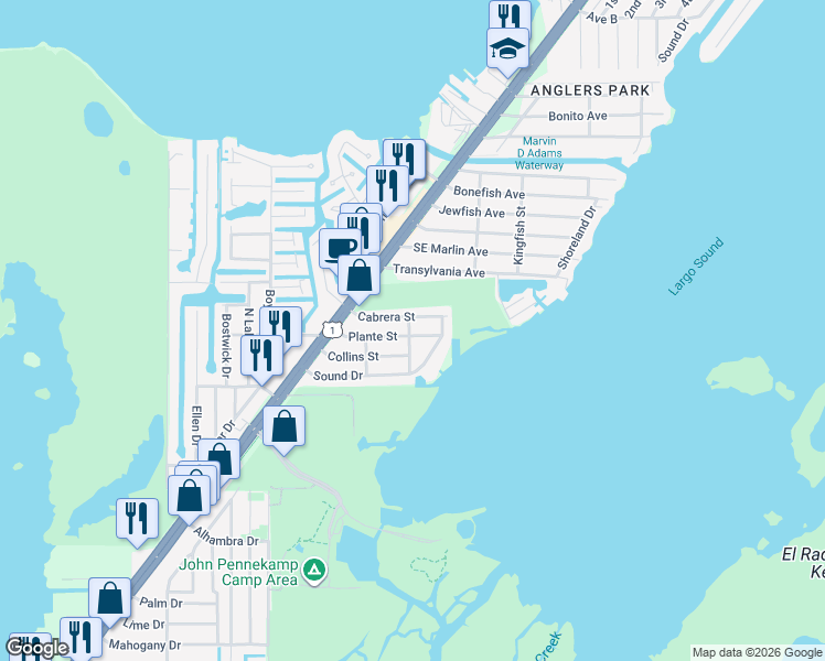 map of restaurants, bars, coffee shops, grocery stores, and more near 547 Plante Street in Key Largo
