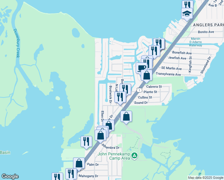 map of restaurants, bars, coffee shops, grocery stores, and more near 678 North Lake Drive in Key Largo