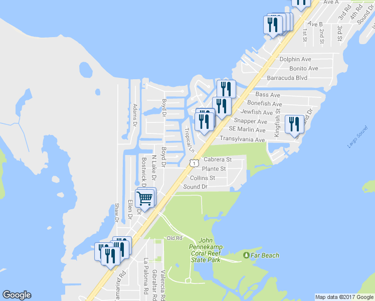 map of restaurants, bars, coffee shops, grocery stores, and more near 893 Tropical Lane in Key Largo