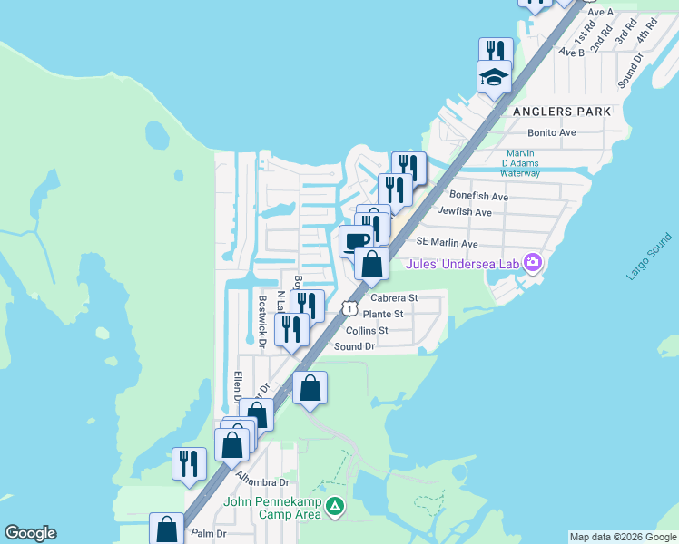 map of restaurants, bars, coffee shops, grocery stores, and more near 912 Tropical Lane in Key Largo