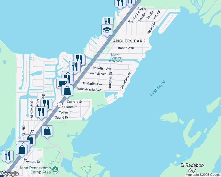 map of restaurants, bars, coffee shops, grocery stores, and more near 3 Kingfish Street in Key Largo