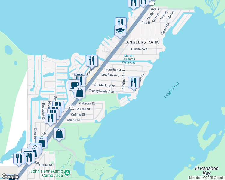 map of restaurants, bars, coffee shops, grocery stores, and more near 42 Transylvania Avenue in Key Largo