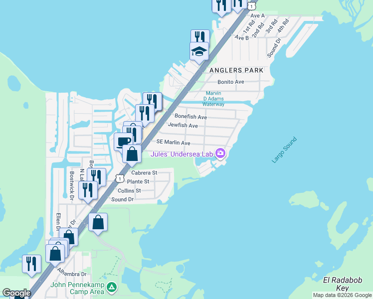 map of restaurants, bars, coffee shops, grocery stores, and more near 42 Transylvania Avenue in Key Largo