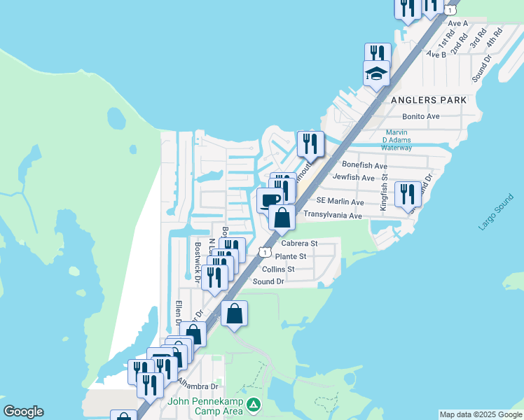 map of restaurants, bars, coffee shops, grocery stores, and more near 912 Tropical Ln in Key Largo