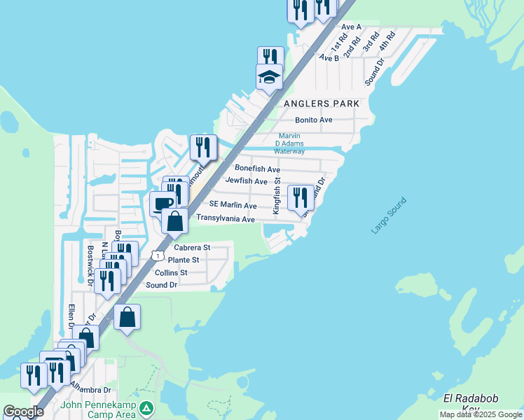 map of restaurants, bars, coffee shops, grocery stores, and more near 42 Transylvania Avenue in Key Largo