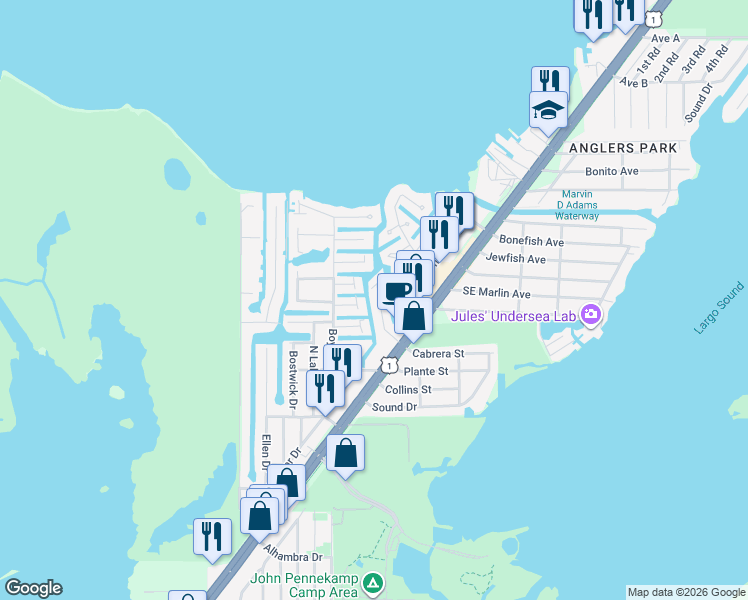 map of restaurants, bars, coffee shops, grocery stores, and more near 912 Tropical Lane in Key Largo