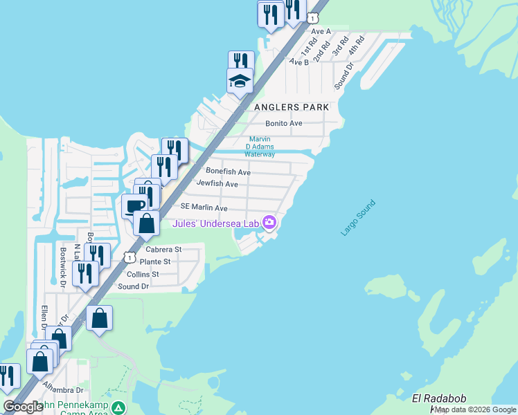 map of restaurants, bars, coffee shops, grocery stores, and more near 3 Kingfish Street in Key Largo