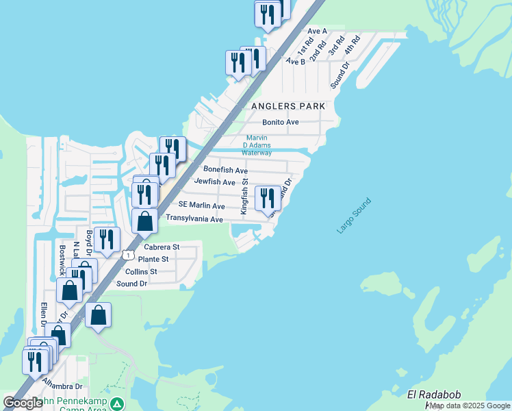 map of restaurants, bars, coffee shops, grocery stores, and more near 3 Kingfish Street in Key Largo