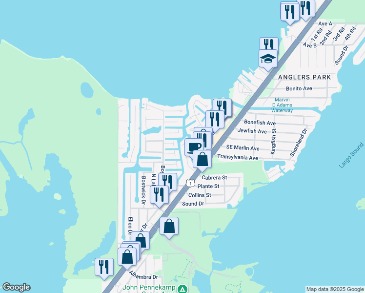 map of restaurants, bars, coffee shops, grocery stores, and more near 912 Tropical Lane in Key Largo
