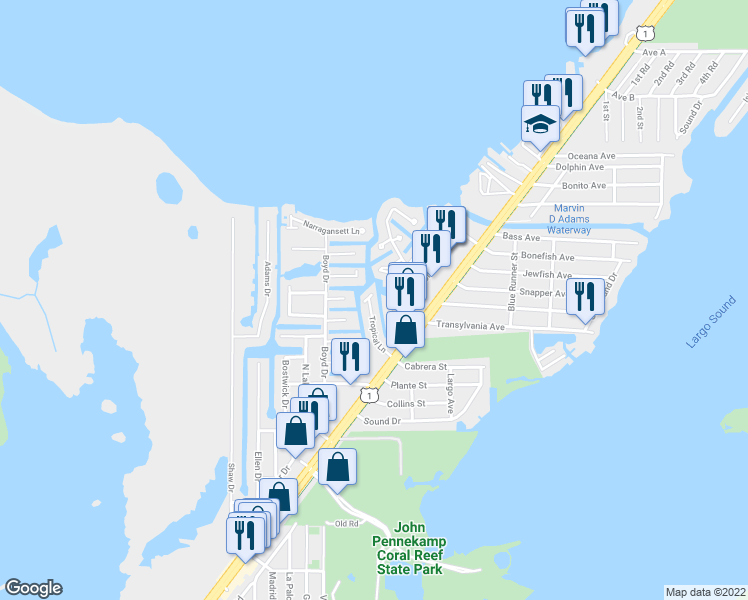 map of restaurants, bars, coffee shops, grocery stores, and more near 924 Tropical Lane in Key Largo