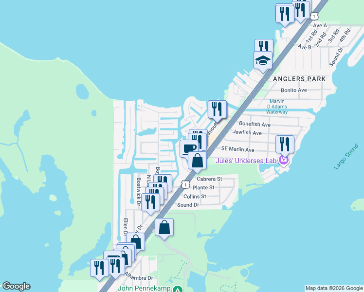 map of restaurants, bars, coffee shops, grocery stores, and more near 932 Tropical Lane in Key Largo