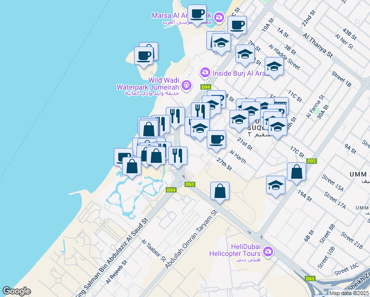 map of restaurants, bars, coffee shops, grocery stores, and more near Umm Suqeim Street in Dubai