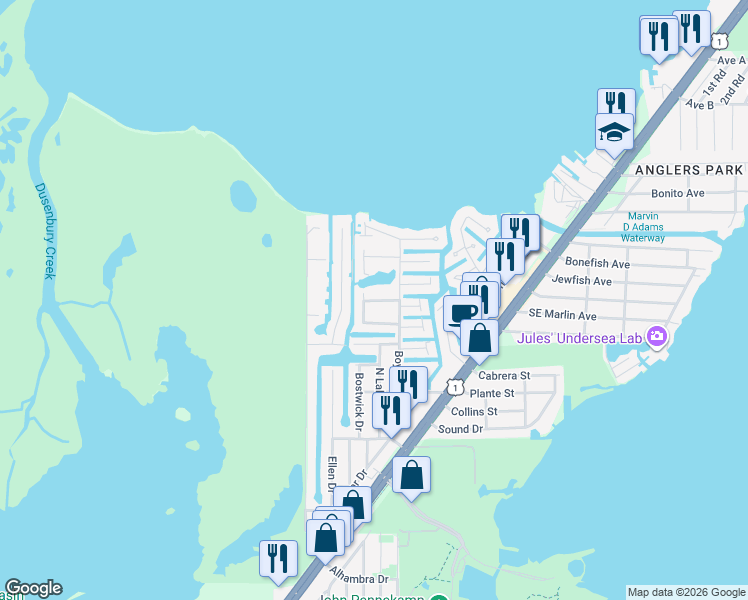 map of restaurants, bars, coffee shops, grocery stores, and more near 561 Oldsmar Lane in Key Largo