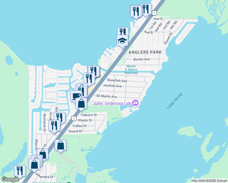 map of restaurants, bars, coffee shops, grocery stores, and more near 28 Snapper Avenue in Key Largo
