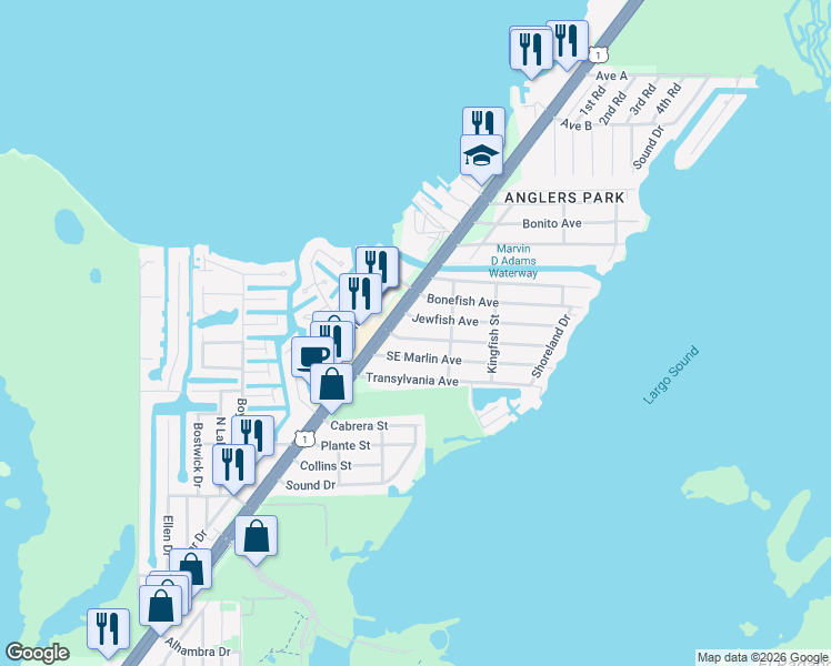 map of restaurants, bars, coffee shops, grocery stores, and more near 8 Snapper Avenue in Key Largo