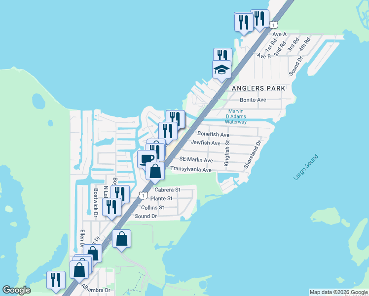 map of restaurants, bars, coffee shops, grocery stores, and more near 8 Snapper Avenue in Key Largo