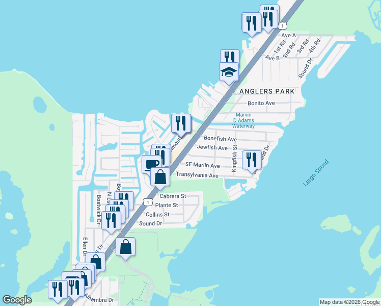 map of restaurants, bars, coffee shops, grocery stores, and more near 8 Snapper Avenue in Key Largo