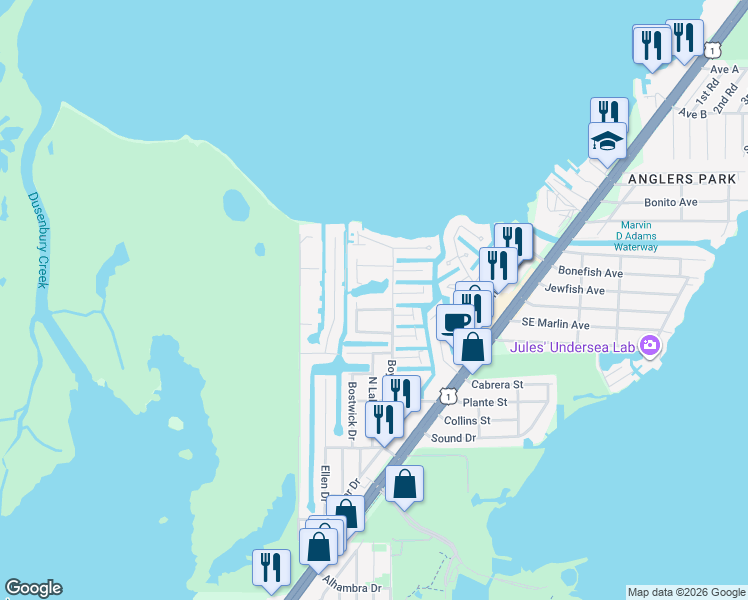 map of restaurants, bars, coffee shops, grocery stores, and more near 561 Oldsmar Lane in Key Largo