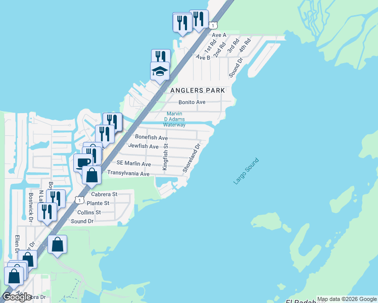 map of restaurants, bars, coffee shops, grocery stores, and more near 59 Jewfish Avenue in Key Largo