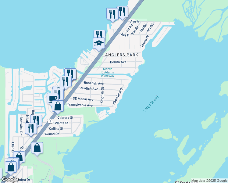 map of restaurants, bars, coffee shops, grocery stores, and more near 63 Jewfish Avenue in Key Largo