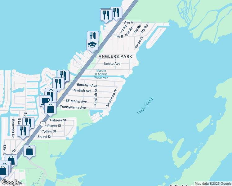 map of restaurants, bars, coffee shops, grocery stores, and more near 71 Shoreland Drive in Key Largo