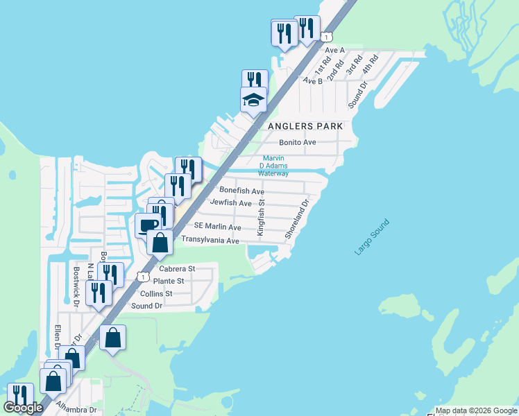 map of restaurants, bars, coffee shops, grocery stores, and more near 39 Kingfish Street in Key Largo