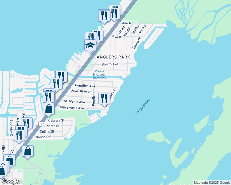 map of restaurants, bars, coffee shops, grocery stores, and more near 71 Shoreland Dr in Key Largo