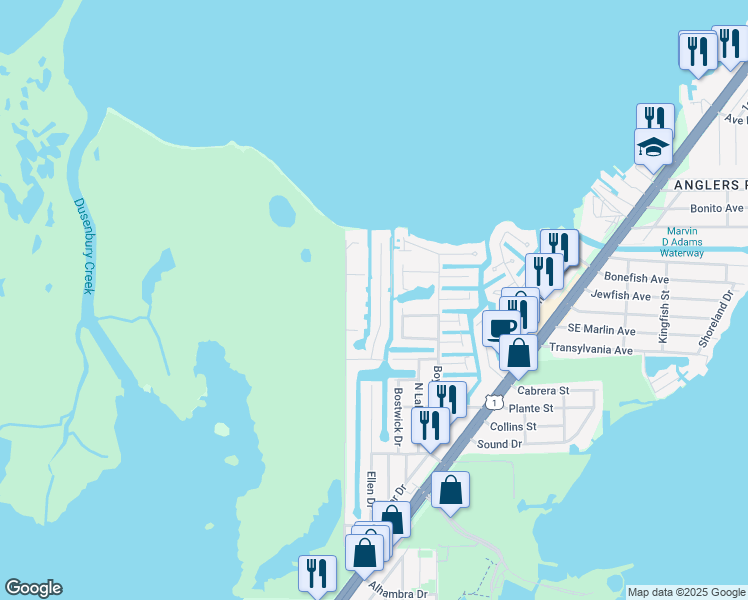 map of restaurants, bars, coffee shops, grocery stores, and more near 1022 Adams Drive in Key Largo