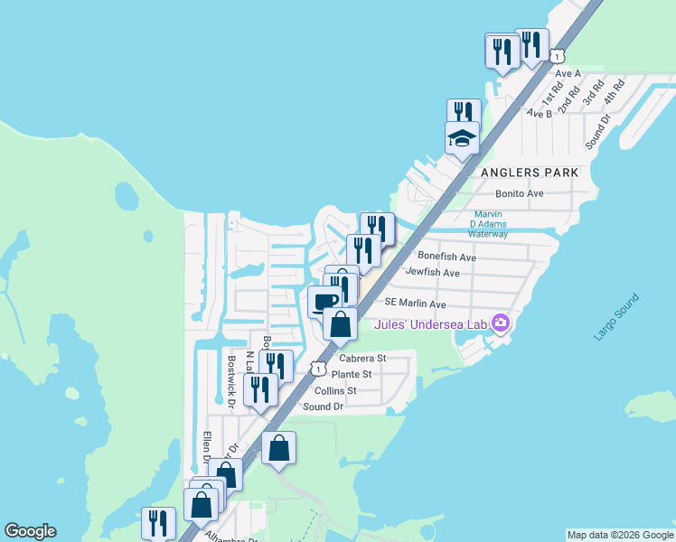 map of restaurants, bars, coffee shops, grocery stores, and more near 113-1199 Calder Road in Key Largo