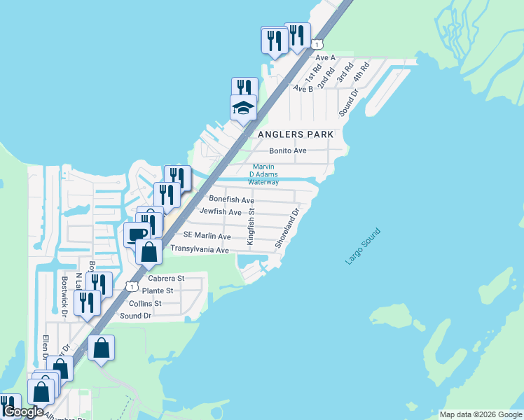 map of restaurants, bars, coffee shops, grocery stores, and more near 39 Kingfish Street in Key Largo