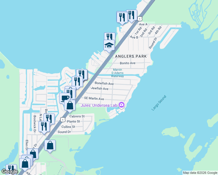 map of restaurants, bars, coffee shops, grocery stores, and more near 39 Kingfish Street in Key Largo
