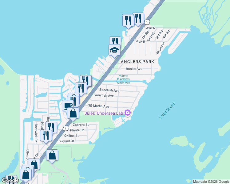 map of restaurants, bars, coffee shops, grocery stores, and more near 33 Bass Avenue in Key Largo