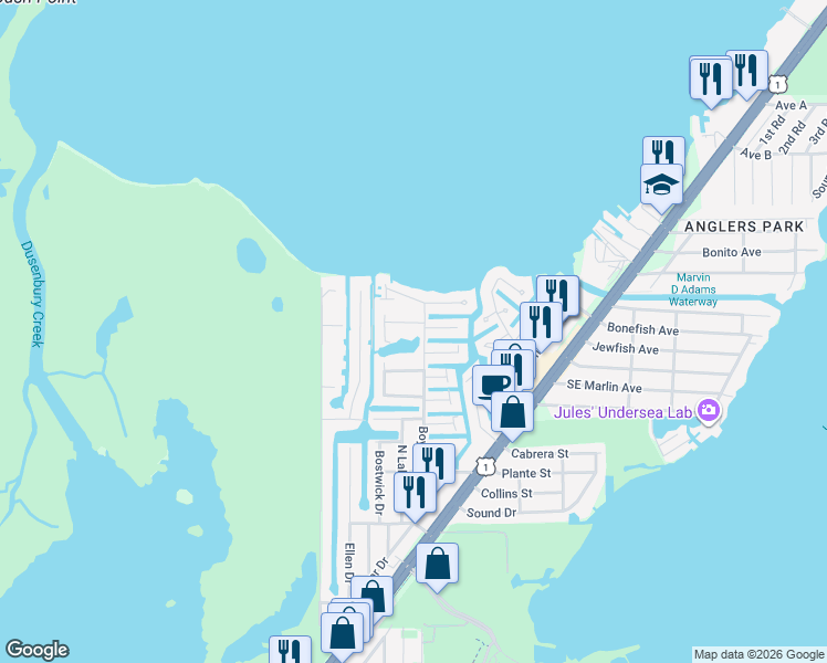 map of restaurants, bars, coffee shops, grocery stores, and more near 9 Michael Drive in Key Largo