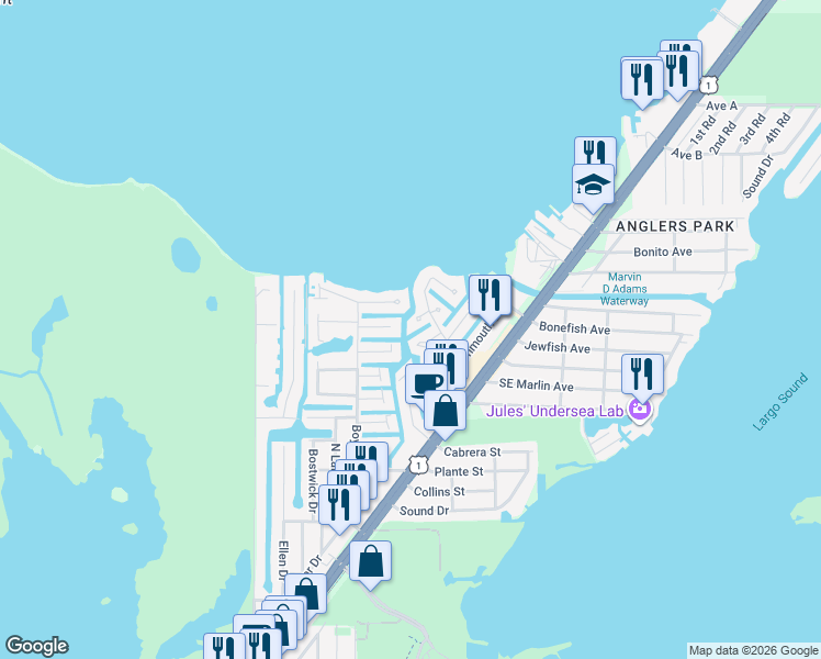 map of restaurants, bars, coffee shops, grocery stores, and more near 1206 Saratoga Lane in Key Largo