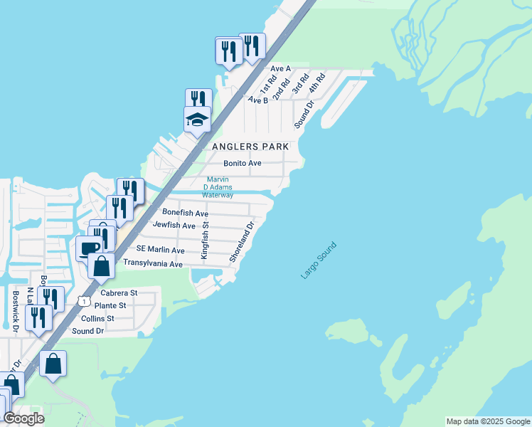 map of restaurants, bars, coffee shops, grocery stores, and more near 63 Bass Avenue in Key Largo