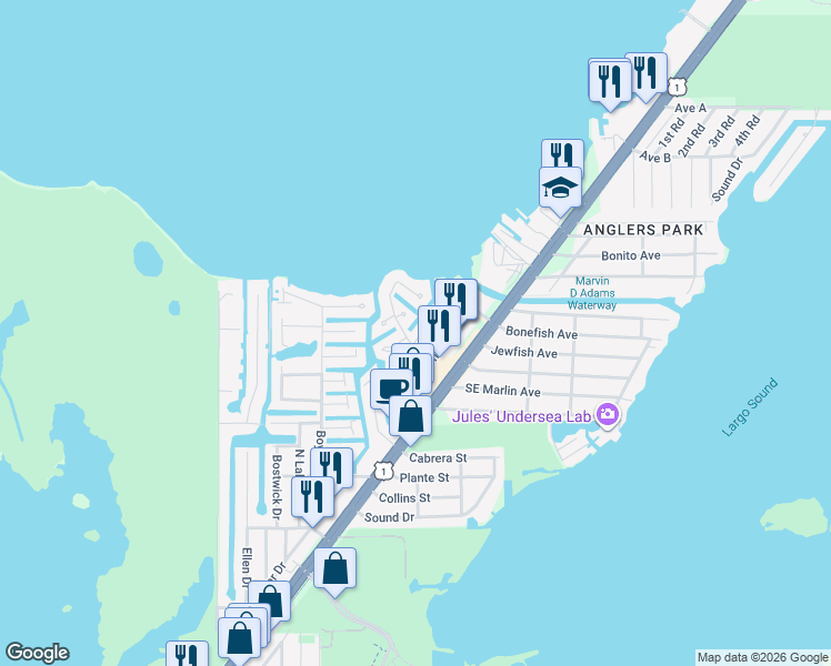 map of restaurants, bars, coffee shops, grocery stores, and more near 1404-1406 Suffolk Circle in Key Largo