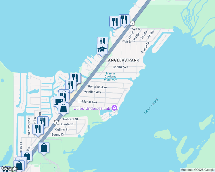 map of restaurants, bars, coffee shops, grocery stores, and more near 33 Bass Avenue in Key Largo