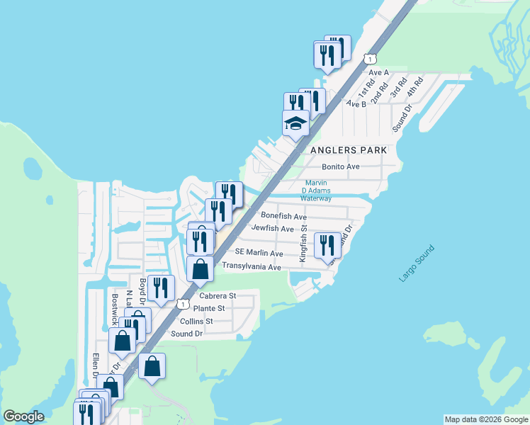 map of restaurants, bars, coffee shops, grocery stores, and more near 103461 Overseas Highway in Key Largo