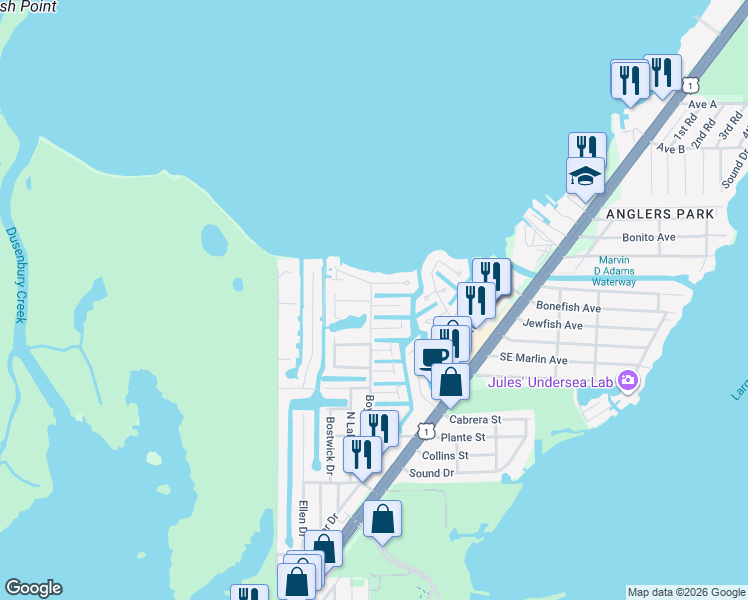 map of restaurants, bars, coffee shops, grocery stores, and more near 810 Narragansett Lane in Key Largo