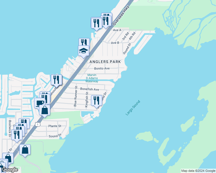 map of restaurants, bars, coffee shops, grocery stores, and more near 63 Bass Avenue in Key Largo