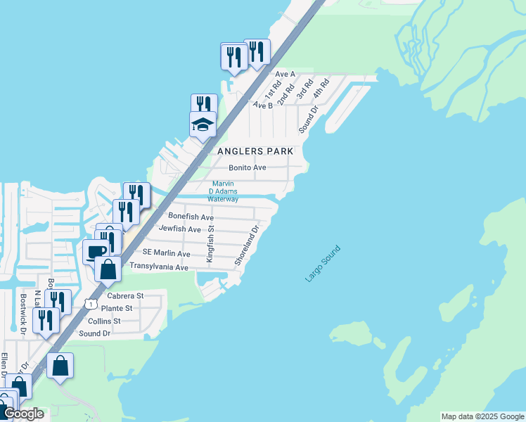 map of restaurants, bars, coffee shops, grocery stores, and more near 63 Bass Avenue in Key Largo