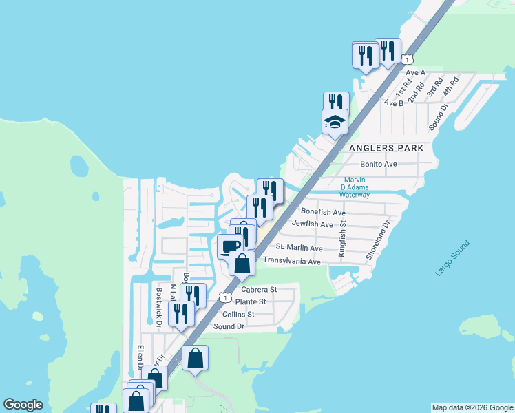 map of restaurants, bars, coffee shops, grocery stores, and more near 1404-1406 Suffolk Circle in Key Largo