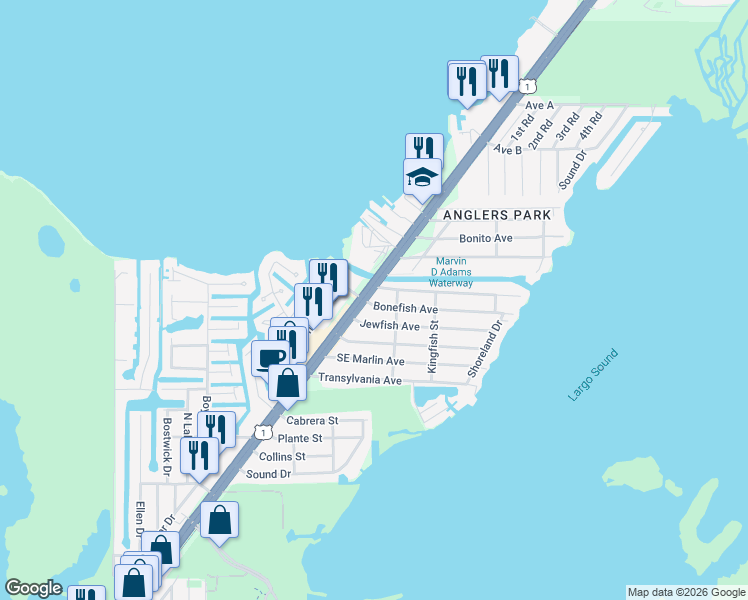 map of restaurants, bars, coffee shops, grocery stores, and more near 103461 Overseas Highway in Key Largo