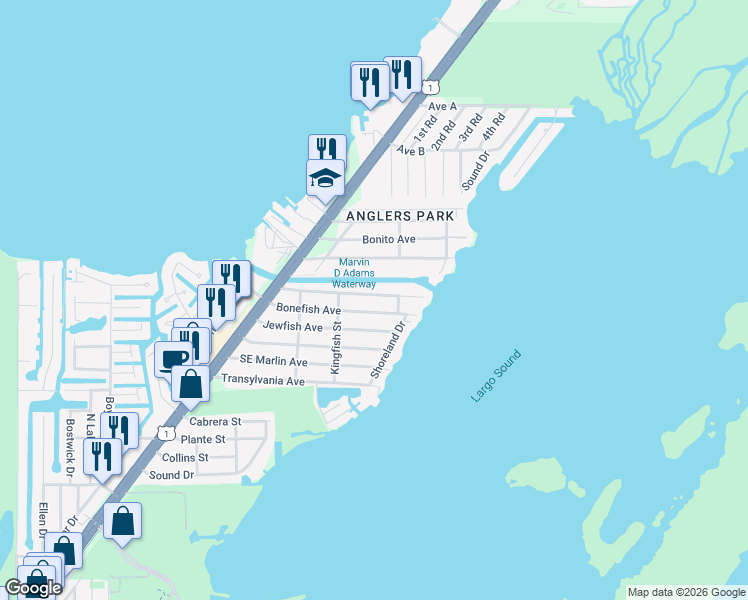 map of restaurants, bars, coffee shops, grocery stores, and more near 45 Bass Avenue in Key Largo