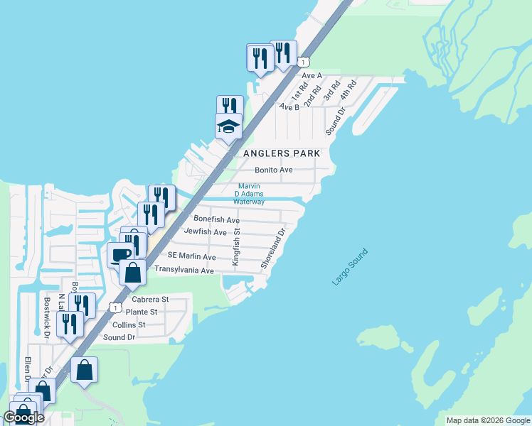 map of restaurants, bars, coffee shops, grocery stores, and more near 45 Bass Avenue in Key Largo
