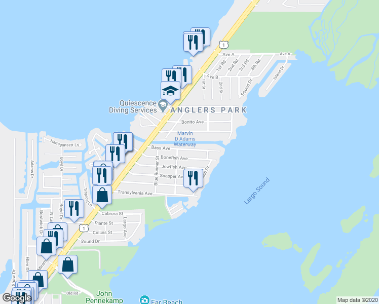 map of restaurants, bars, coffee shops, grocery stores, and more near 39 Bass Avenue in Key Largo